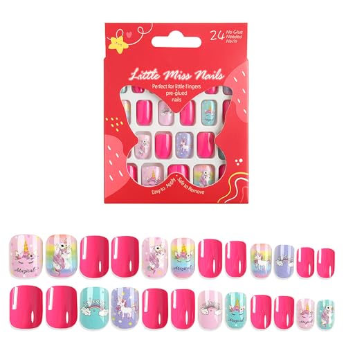Virellay 24 Stück Kinder Nägel, Fingernägel Zum Aufkleben Rückseite für Mädchen, Farbig Kunstnägel Kinder, Nagelset Schönes Geschenk für Mädchen zu Hause (CM43 Rot, 24 pcs) von Virellay