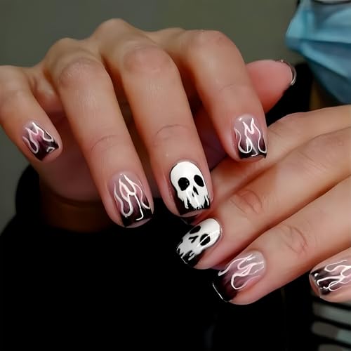 24Pcs Künstliche Fingernägel Kurz - Quadratische Halloween Nägel - Schwarz Rosa Farbverlauf Nails Zum Aufkleben mit Flammengeist Schädel Design - Full Cover Fake Nägel Kunstnägel für Frauen Mädchen von Virellay