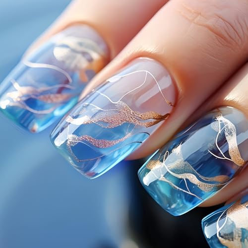 24Pcs Künstliche Fingernägel - Blau Ombre Künstliche Nägel Zum Aufkleben mit Goldene Textur - Atmungsaktiv Press On Nails Square - Full Cover Kunstnägel für Frauen Mädchen von Virellay