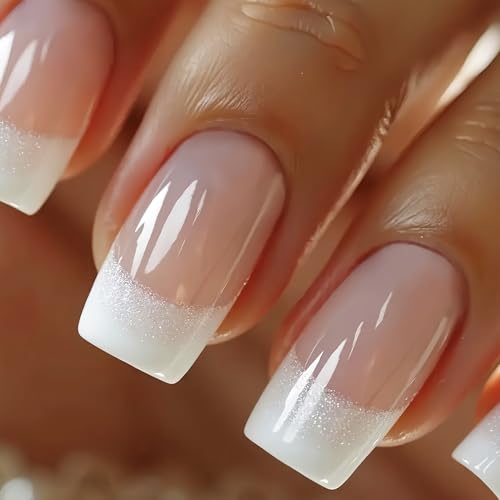 24Pcs Künstliche Fingernägel - French Press On Nails mit Glitzer - Square Nägel Zum Aufkleben French - Shiny Falsche Nägel - Full Cover Kunstnägel für Frauen Mädchen von Virellay