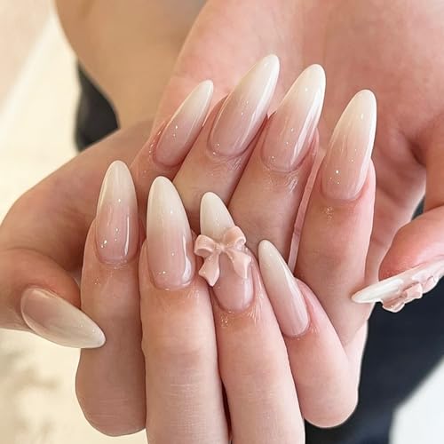 Virellay 24 Stück Gradient Press on Nails Almond, Nude Farbverlauf Künstliche Nägel Zum Aufkleben mit 3D Schleifen Designs, Ombre Almond Nail Tips, Mandel Fake Nägel für Frauen (Ombre, 24 pcs) von Virellay