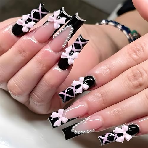 Virellay 24 Stück 3D Schmetterlingsblumen Schwarze Kunstnägel Nägel - Lang ballettförmige French Fake Nails Mit Strasssteinen verziert Glitzer Kunstnägel - Für DIY Nageldesign für Frauen (Black pearl) von Virellay