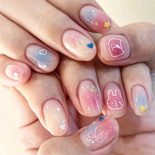Virellay 24 Stück Oval Kurz Künstliche Nägel - Farbige Katze mit einem Stern Liebesmuster Design - full cover wiederverwendbare fake Fingernägel, mit klebenägel - Geeignet DIY Nageldesign für Frauen von Virellay