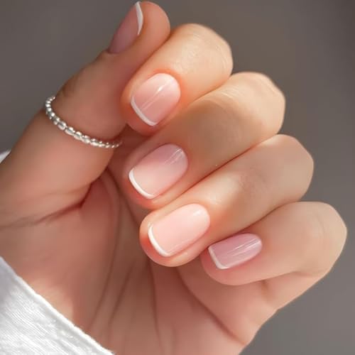 Virellay 24 Stück Rosa Press On Nails French Tips - Natürlich Nägel zum Aufkleben Kurz Eckig - Künstliche Nägel mit Nagelkleber - French Tip Fake Nails Voller Deckkraft für Fraue und Mädchen von Virellay