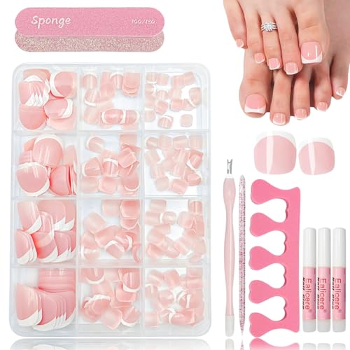 Virellay 240 Stück Fussnägel zum Kleben Set, Rosa Gradient Natürliche Square Kurze Fußnägel Tips mit Kleber, Full Cover Künstliche Fussnägel Selbstklebend für Frauen DIY (French, 240 Pcs) von Virellay
