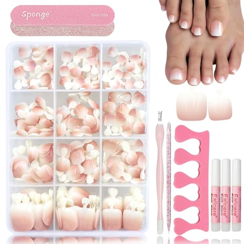 Virellay 240 Stück Fussnägel zum Kleben Set, Rosa Gradient Natürliche Square Kurze Fußnägel Tips mit Kleber, Full Cover Künstliche Fussnägel Selbstklebend für Frauen DIY (Nude, 240 Pcs) von Virellay