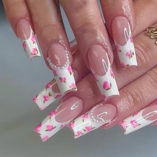 Virellay 24PCS Lang Ballerina Rosa Weiße Fingernägel zum aufkleben im French Nails - Press On Design mit Blumen und Perle, Acryl Klebe Fake Nail für Frauen künstliche Nägel - Coffin False Nails design von Virellay