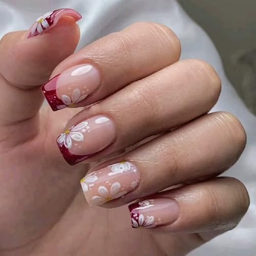 Virellay 24PCS Square Kurz Künstliche Nägel - Rot Kante Weißes Aufgedrucktes Design, full cover false Fingernägel, wiederverwendbare fake näils mit klebenägel - Geeignet DIY Nageldesign für Frauen von Virellay