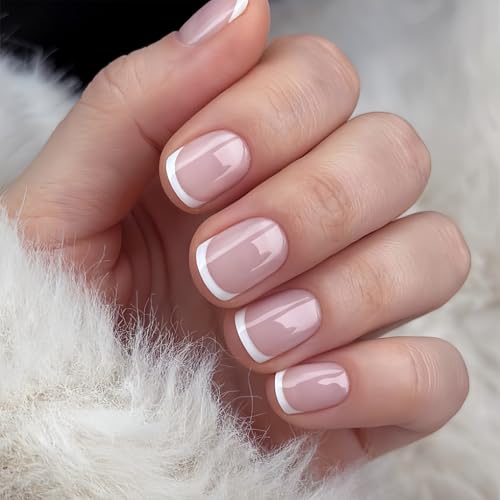 24PCS French Press on Nails - Kunstnägel Kurz Quadratische - Natural Rosa Glossy Künstliche Fingernägel mit Dünne Französische Tip Design - Full Cover Langlebig Nägel Zum Aufkleben für Frauen Mädchen von Virellay