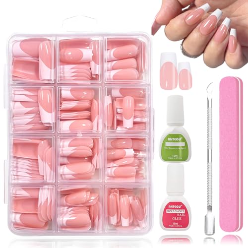 Virellay 288 Stück French Falsche Nägel Zum Aufkleben Kit - Full Cover Künstliche Nägel Tips Medium Long Quadrat - Rosa Weiß Fake Nails für Frauen - Kleber Acryl Nagel Tips für Maniküre DIY von Virellay