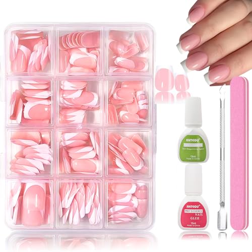 Virellay 288 Stück French Square Falsche Nägel Zum Aufkleben Kit - Full Cover kurz Kleber Acryl Nagel Tips - Hochwertiges Rosa Weiß Fake Nails für Frauen - Künstliche Nägel Tips für Maniküre DIY von Virellay