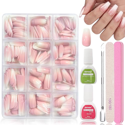 288 Stück Gradient Falsche Nägel Zum Aufkleben Kit - Mittel Rosa Ombre Koffin Nagelspitzen - Falsche Nägel Weiß Rosa Künstliche Nägel Tips für Maniküre DIY - Fake Nails für Frauen von Virellay