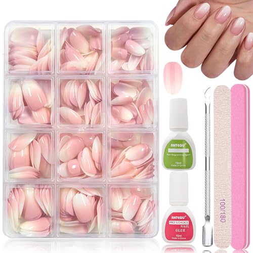 288 Stück Gradient Oval Falsche Nägel Zum Aufkleben Kit, Falsche Nägel Tips Set Weiß Rosa Gradient Design Künstliche Nägel Tips für Maniküre DIY, Fake Nails für Frauen von Virellay