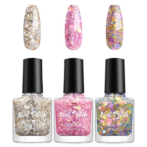 Virellay 3 Pcs Glitzer Nail Polish Set, Wasserbasierte Nagellack Set, schnell trocknende Nagellack DIY zu hause (Pink Gold, 3Pcs) von Virellay