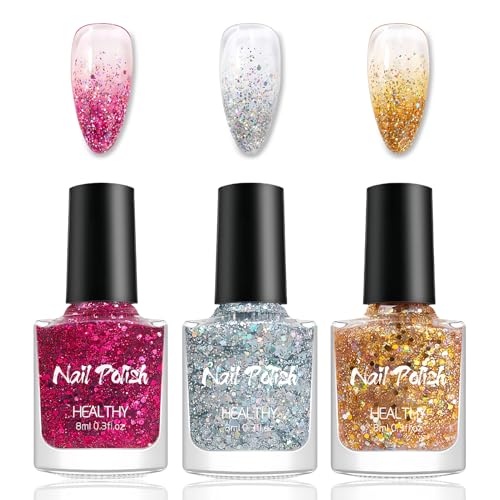 3 Pcs Glitzer Nagellack Set - Schnelltrocknender Nagelack Ohne UV Lampe - Ungiftig Nagellack Auf Wasserbasis - Langlebig Nail Polish mit Silber, Gold, Rosa Confetti für Frauen (Colorful Farbe) von Virellay