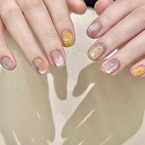 30 Stück Cat Eye Künstliche Nägel Kurz, Glitzer Press on Nails mit Punkte, Bären, Blumen Design, Quadratische Nägel Zum Aufkleben Kurz, Glossy Niedlich Künstliche Fingernägel für Frauen (Cute Bear) von Virellay