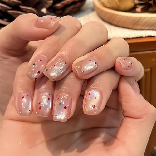 30 Stück Cat Eye Künstliche Nägel Kurz, Nude Rosa Press on Nails mit Bunt Gepunktet Design, Quadratische Nägel Zum Aufkleben Kurz, Glossy Full Cover Künstliche Fingernägel für Frauen (Colorful Dot) von Virellay