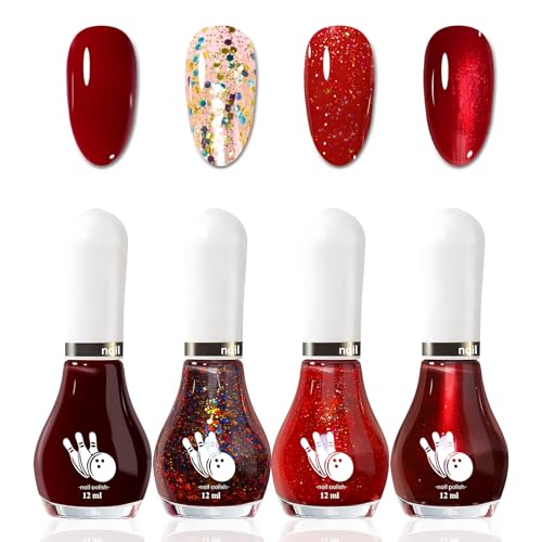4Pcs Nagellack Rot Schnelltrocknend - Hochpigmentiert Nagelack Dunkelrot - Roter Glitzer Nagellack mit Bunt Schimmer, Pearl, Confetti Effekt - Regular Nail Polish Set Für Frauen Mädchen (Red Set) von Virellay