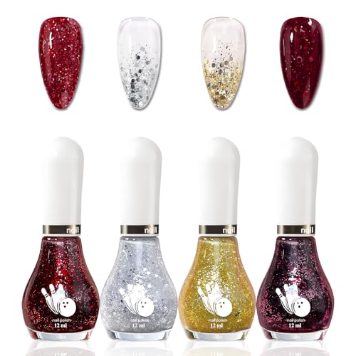 4 Farben Glitzer Nagellack Schnelltrocknend - Hochpigmentiert Nagellack Dunkelrot - Glossy Nagelack Gold Silber Glitzer - Versatile Nail Polish Set Für Frauen Mädchen DIY Geschenk (Glitter Set) von Virellay