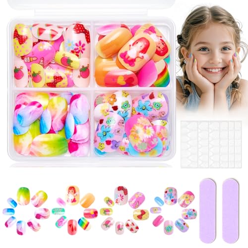 96PCS Kurz kindernägel zum aufkleben - Süße fake nagel Klebenägel Blumen, Erdbeeren Motive mit Gelee Kleber - 4 Farbig Nägeldesign, full cover Glänzend Nagelspitzen - Schöne Geschenk für Mädchen von Virellay