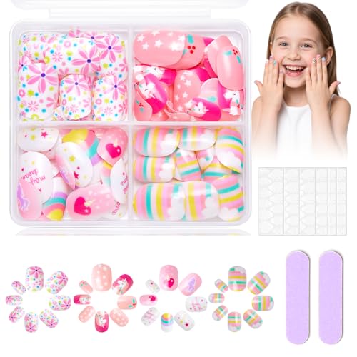 96 PCS Kurz kindernägel zum aufkleben - Süße fake nagel Klebenagel Motiv Regenbogen, Wolke und Stern mit Gelee Kleber - 4 Farbig design, full cover Glänzend Nagelspitzen - Schöne Geschenk für Mädchen von Virellay