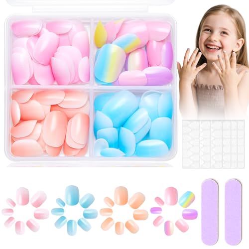 Virellay 96PCS Kurz kindernägel zum aufkleben - Süße fake nagel Klebenägel mit Gelee Kleber - 4 Farbig Nägeldesign Mit Gradient, full cover Glänzend Nagelspitzen - Schöne Geschenk für Mädchen von Virellay