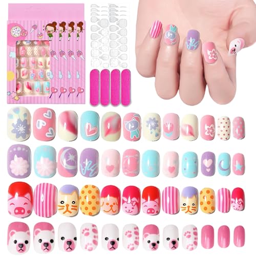 96 Stück Fingernägel Zum Aufkleben Kinder Set - Kurze Press on Nails Square mit 4 Verschiedene Designs - Full Cover Kinder Nägel - Niedlich Falsche Kunstnägel für Mädchen Kunst Nägel Geschenk von Virellay
