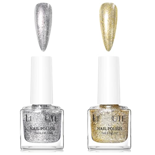 Virellay Glitzer Nagellack Set - 2Pcs Schnelltrocknender Nail Polish - Gold & Silber Nagellack von Virellay
