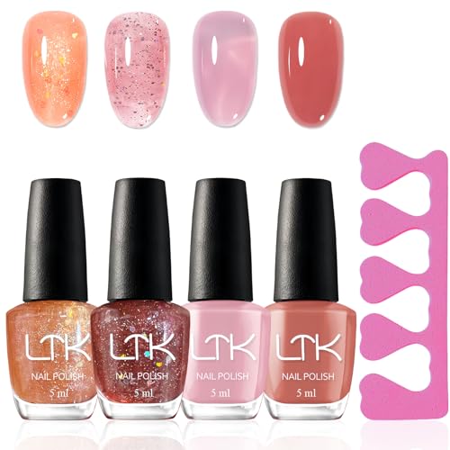 4 Farben Nail Polish Set - Transparent Orange Rosa Nagellack Glitzer - Langanhaltend Nagellack Schnelltrocknend - Atmungsaktiv Dunkelrosa Nagelack Kein UV Lampe für Frauen Mädchen DIY Nail Art Zuhause von Virellay