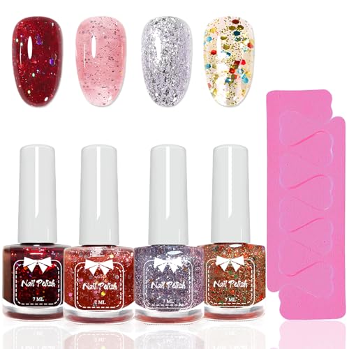 4 Farbe Glitzer Nagellack Set - Schnelltrocknender Nagellack mit 2 Zehenspreizer - Glossy Rot, Transluscent Rosa, Graulila und Confetti Nagelack - No Chip Nail Polish Set für Frauen (Bunt Series) von Virellay