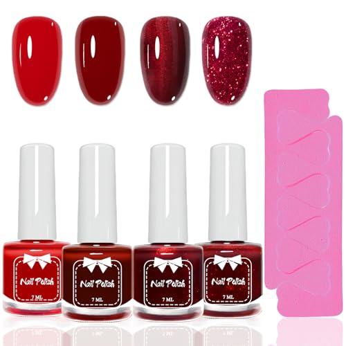 4Pcs Nagellack Rot Set - Schnelltrocknender Nagellack mit 2 Zehenspreizer - Einfach Roter, Chrome Pearl, Glitzer Nagelack - No Chip Nail Polish Set für Frauen Mädchen DIY Nail Art Zuhause (Red Series) von Virellay