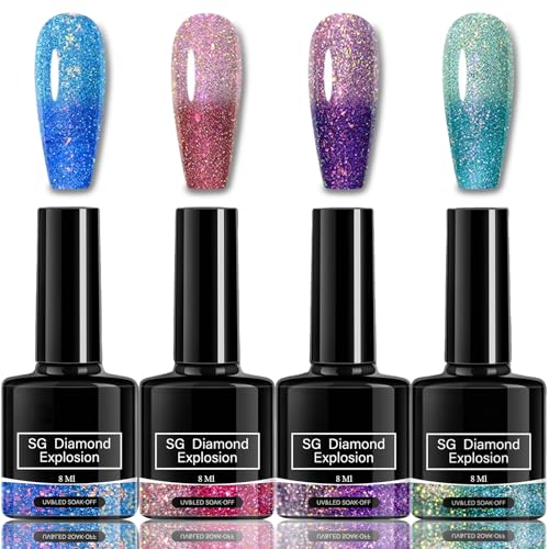 UV Nagellack Glitzer - 4 Farben Gel Nail Polish Set - Reflechissant Sparkly Blau Rosa Lila Grün Nagelack - Glänzender Diamant Soak-Off UV Nagellack Set für Frauen Home Nail Art Maniküre, 8ml von Virellay