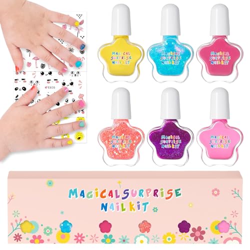 6 Farben Kinder Nagellack Set - Wasserbasierter Peel off Nail Polish - Ungiftig Schnelltrocknender Nagellack mit Nagelsticker - Lila Orange Blau Glitzer Nagelack für Mädchen Geschenk Kit (A Set) von Virellay