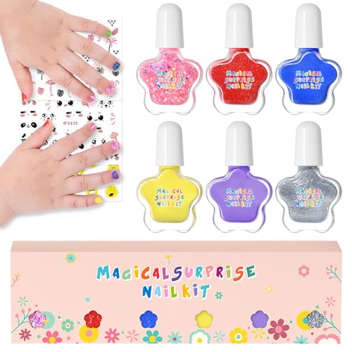 6 Farben Kinder Nagellack Set - Schnelltrocknender Nagelack für Mädchen - Ungiftig Peel Off Nagellack auf Wasserbasis mit Nagelsticker - Rosa Rot Blau Silber Glitzer Nail Polish Geschenk Kit (B Set) von Virellay