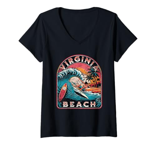 Damen Virginia Beach T-Shirt mit V-Ausschnitt Damen Virginia Beach T-Shirt mit V-Ausschnitt von Virginia Beach Virginia Surfing Surf Ocean Vintage