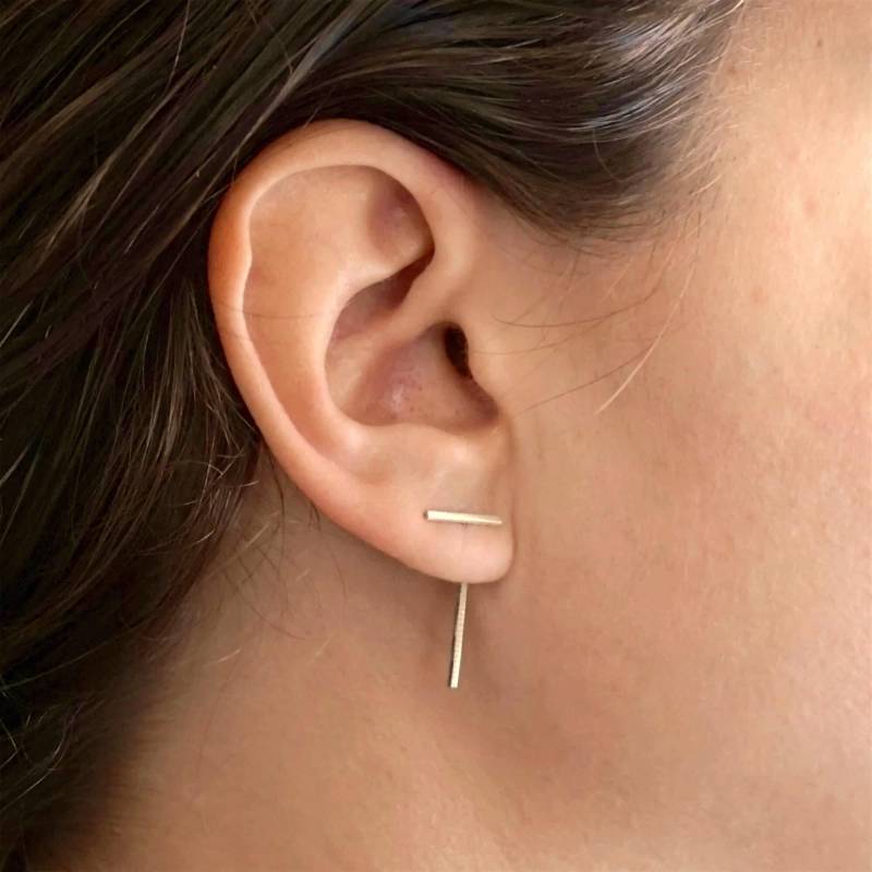 14K Gold Offset Heftklammer Linie Ohrsteckersatz Jacke Paar Mix Und Match Ohrringjacken Doppelseitiger Ohrring Vorderer Hinterer 0234 von VirginiaWynne