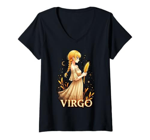 Damen Anime Jungfrau Sternzeichen Design für Astrologie-Liebhaber T-Shirt mit V-Ausschnitt von Virgo Anime Zodiac Apparel