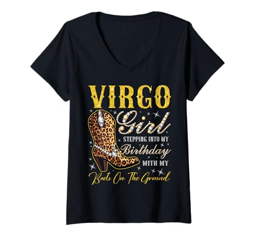 Damen Jungfrau-Mädchen Tritt in Meinen Geburtstag mit Meinen Stiefeln T-Shirt mit V-Ausschnitt Damen Jungfrau-Mädchen Tritt in Meinen Geburtstag mit Meinen Stiefeln T-Shirt mit V-Ausschnitt von Virgo Girl Birthday Party Western Cowgirl Birthday