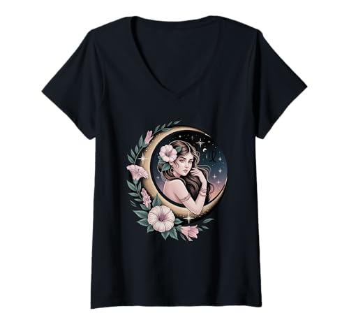 Damen Geschenk für Jungfrau Astrologie Symbol Sternzeichen Design Horoskop T-Shirt mit V-Ausschnitt von Virgo Store