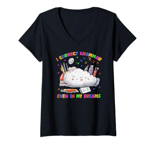 Damen Virgo Zodiac I Correct Grammar Even In My Dreams T-Shirt mit V-Ausschnitt von Virgo Zodiac Grammar Editor Perfection Details