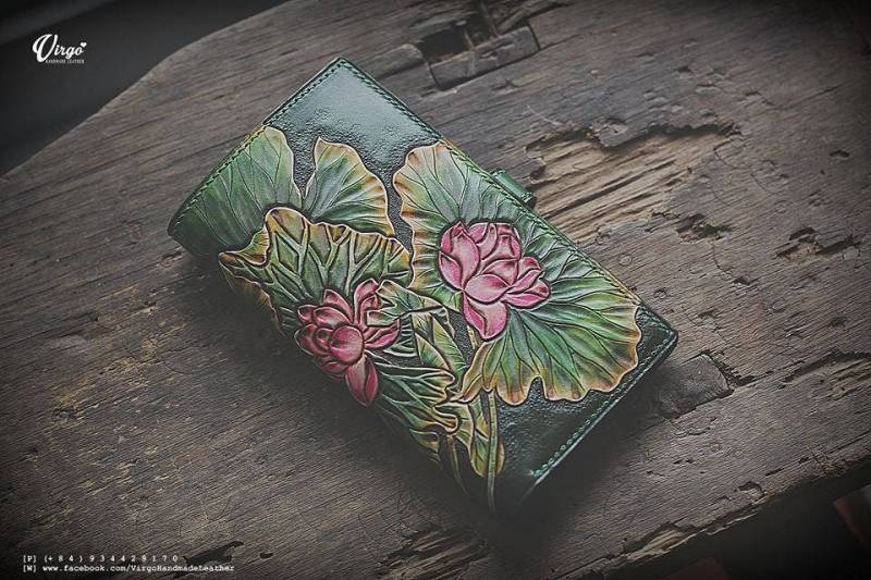 Lotus Leder Geldbörse, Handbemalte Handgemachtes Leder Geschenk, Handpunziert Jubiläum Geburtstag, Benutzerdefinierte Einzigartige Geldbörse von VirgoHandmadeLeather