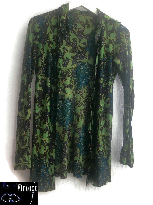 70Er Bluse Grün Gemustert Longsleeved Seidig Floral Top Größe S von VirtageVintage