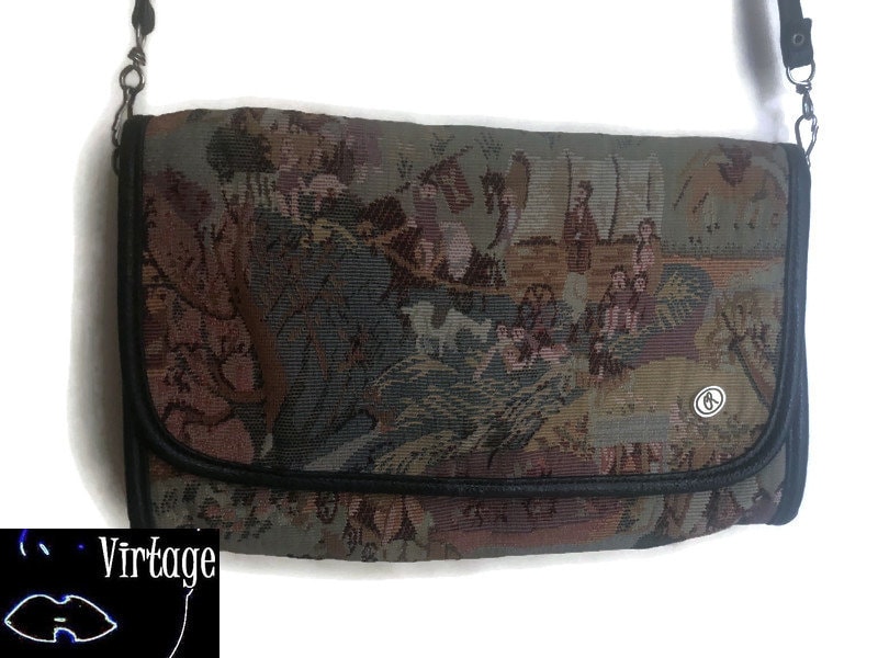 80Er Handtasche Gobelin Roccoco Kleine Crossbody Clutch von VirtageVintage