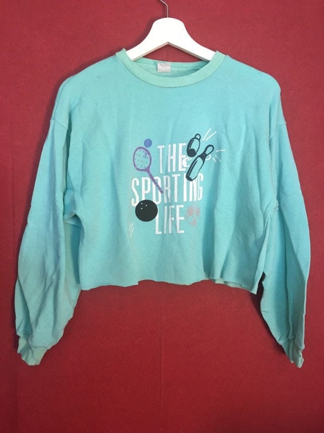80Er Sweatshirt Crop Top Sportprint Aqua Aquamarine Gemütlich Größe S Small von VirtageVintage