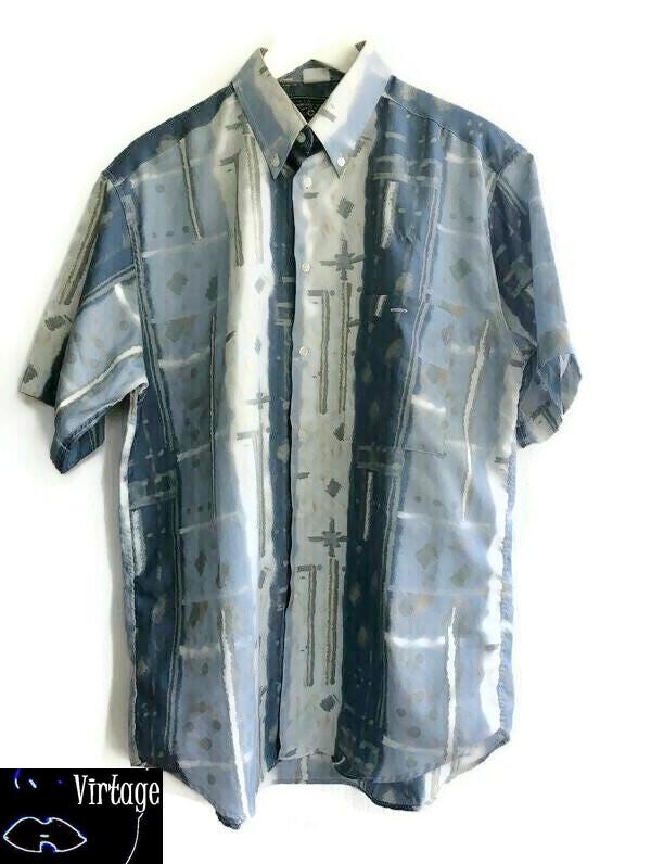 80Er90Er Herren Hemd Button-Down Graue Kurzarm Bedruckt Gemusterte Oberteile Polyester Blau Grau Gr. L von VirtageVintage