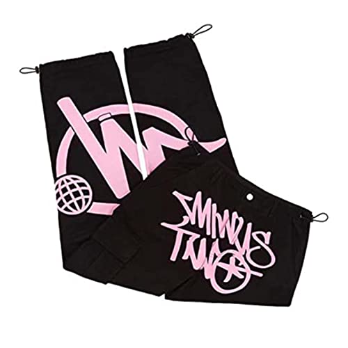 Virtcooy Hip Hop Hosen Streetwear Y2K Cargo Jeans Baggy Pant Jogginghose Herren Print 90er Weit Geschnitten Bedruckte Gerades Bein, M, Schwarze Hose Rosa von Virtcooy