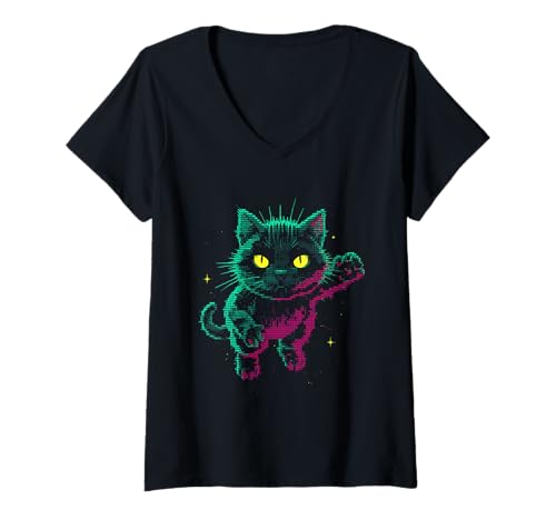 Damen Der Computercode von Glitchy Kitten Cat wurde lebendig T-Shirt mit V-Ausschnitt von Virtual Pet Unlocks Digital Secrets Tech