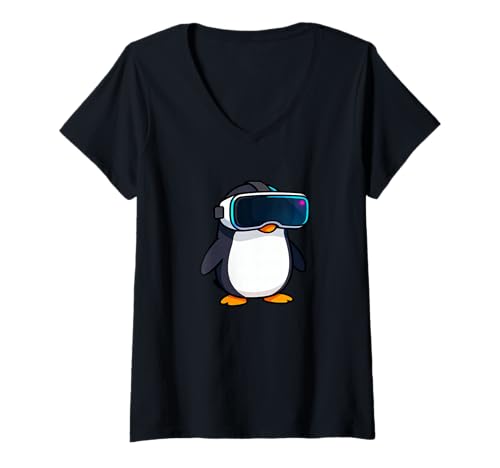 Damen Cooler Virtual-Reality-Enthusiast für Pinguin-VR-Gamer T-Shirt mit V-Ausschnitt von Virtual Reality Penguin Gamer Nerd Designs