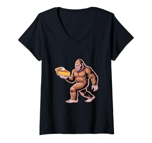 Damen Bigfoot trägt Kürbiskuchen Thanksgiving T-Shirt mit V-Ausschnitt von Virtual Thanksgiving Fall