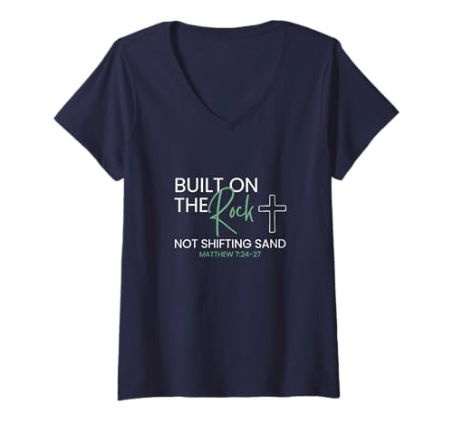 Damen Built on The Rock, Not Shifting Sand - Matthäus 7:24-27 T-Shirt mit V-Ausschnitt Damen Built on The Rock, Not Shifting Sand - Matthäus 7:24-27 T-Shirt mit V-Ausschnitt von Virtuewear
